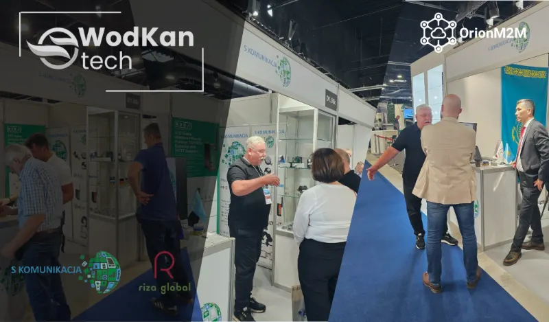 Collage von der WodKan-Tech 2024 in Warschau: Besucher an den Vitrinen des Stands von S Komunikacja, darunter die Logos von S Komunikacja und Riza Global.
