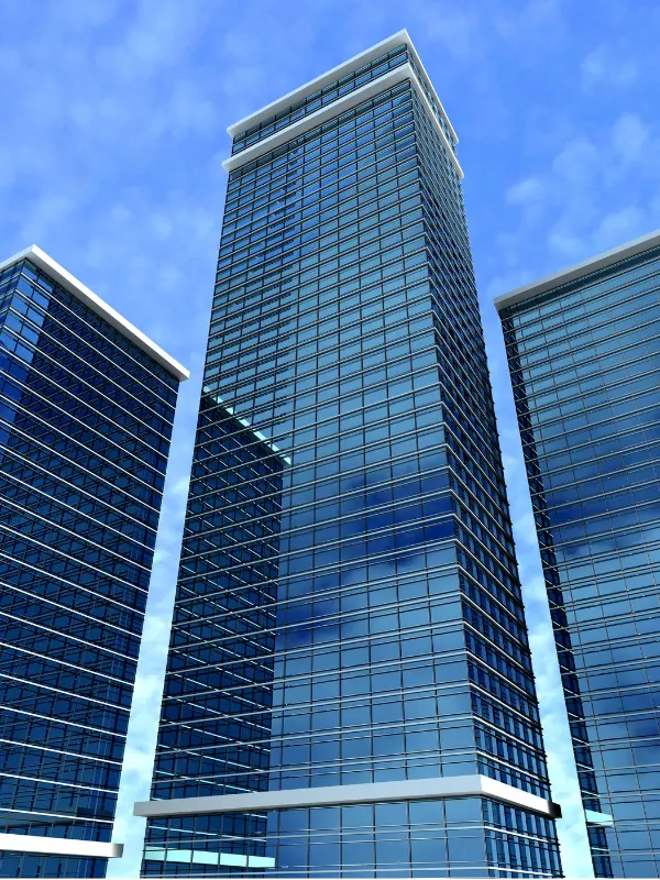 3D-Illustration von Hochhäusern mit Büros und Glasfassaden vor blauem Himmel.